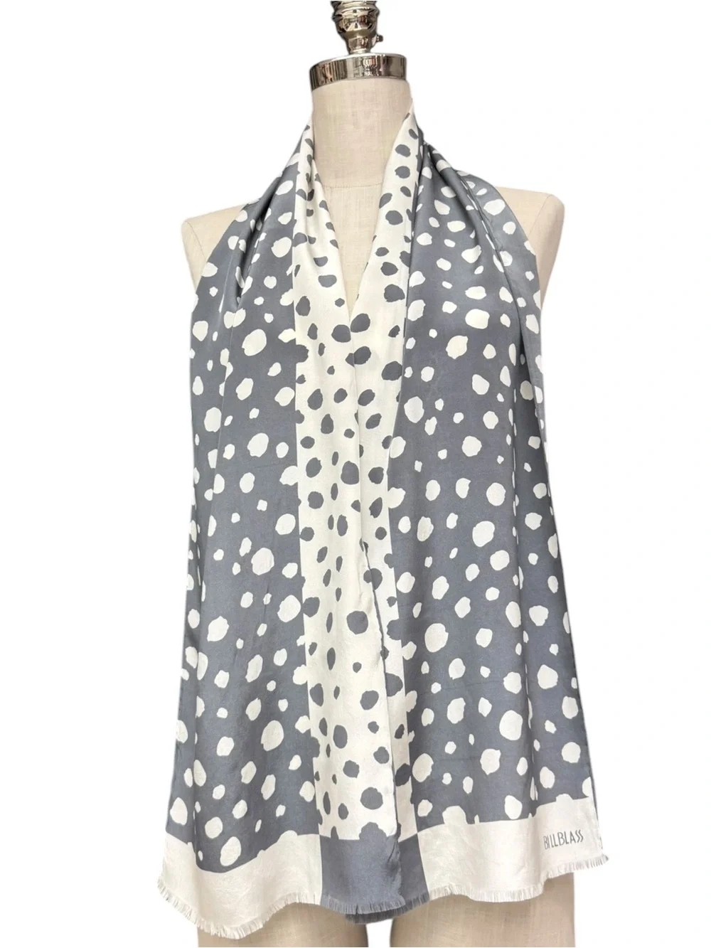 Vintage Bill Blass Gray Ivory Spotted Silk Scarf 80s Polka Dot Abstract Grey